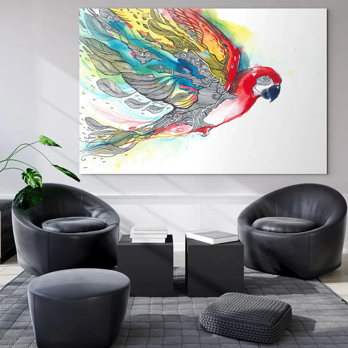 Üveg kép - Színes papagáj művészi szárnyakkal és részletekkel - 70x50cm - Élj színesen - Modern fali dekoráció nappalihoz és hálószobához ARTTOR