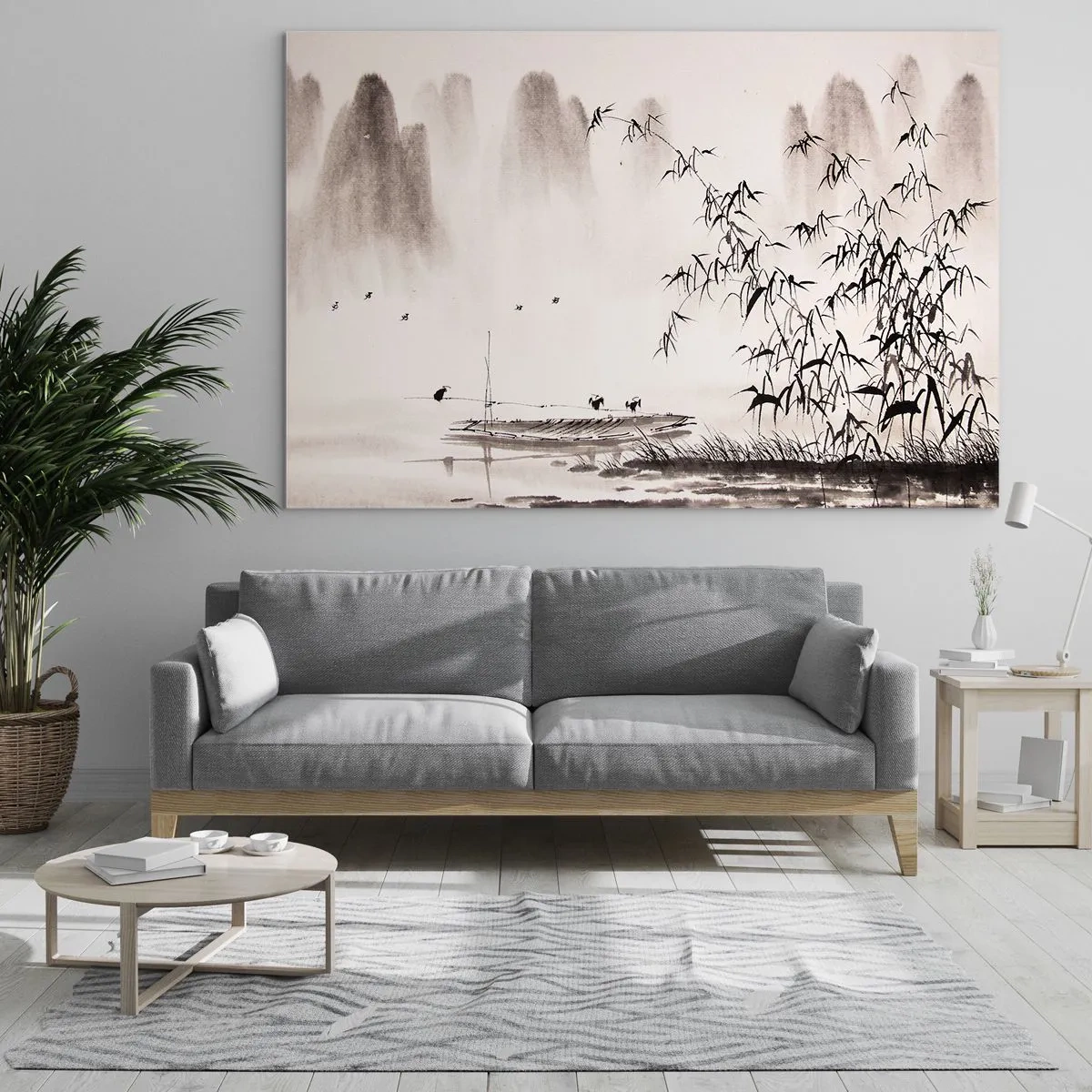 Üveg kép - Minimalista jelenet bambusszal és egy csónakkal a tavon. - 70x50cm - A rizsföldek csendje - Modern fali dekoráció nappalihoz és hálószobához ARTTOR