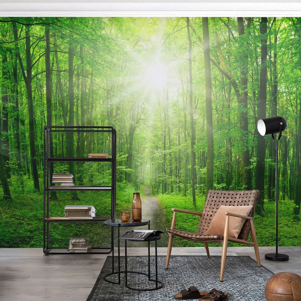 Fotótapéta Standard Eco - Zöld erdő napsugarakkal és egy ösvénnyel a fák között - 100x70cm - A zöld katedrális - Modern fali dekoráció nappalihoz és hálószobához ARTTOR