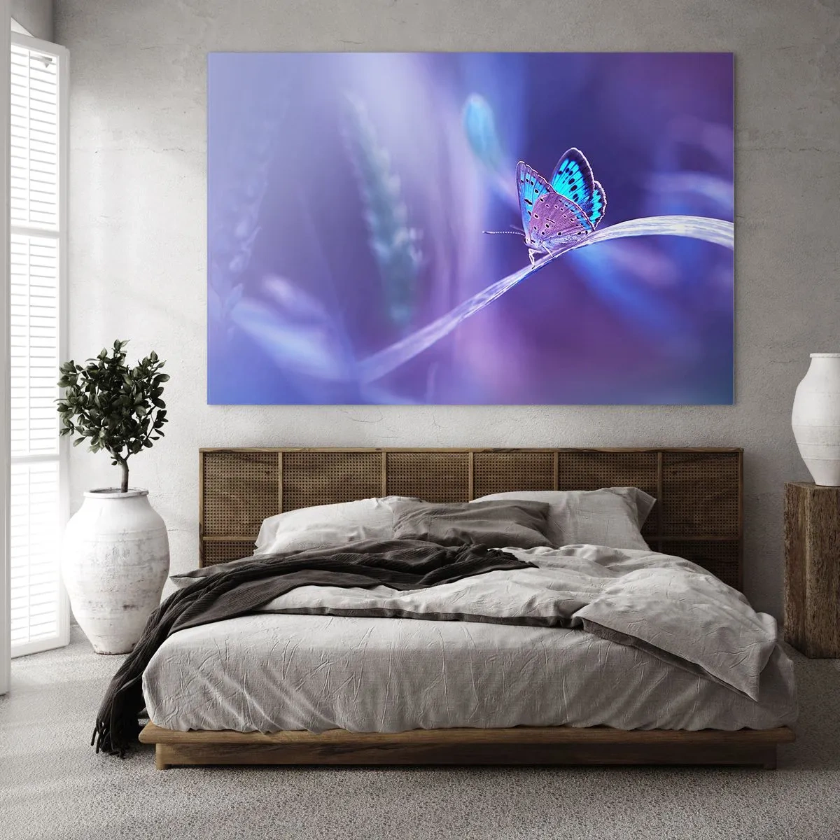 Üveg kép - Pillangó lila fény hátterében - 70x50cm - A természet gyöngyszeme - Modern fali dekoráció nappalihoz és hálószobához ARTTOR