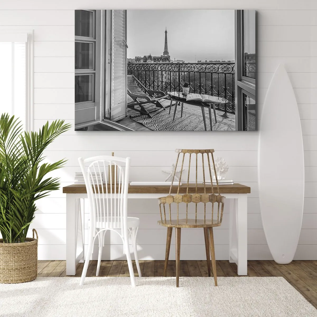 Vászonkép - Kilátás az Eiffel-toronyra a nyugágyakkal és asztallal ellátott erkélyről - 70x50cm - Párizsi délután - Modern fali dekoráció nappalihoz és hálószobához ARTTOR