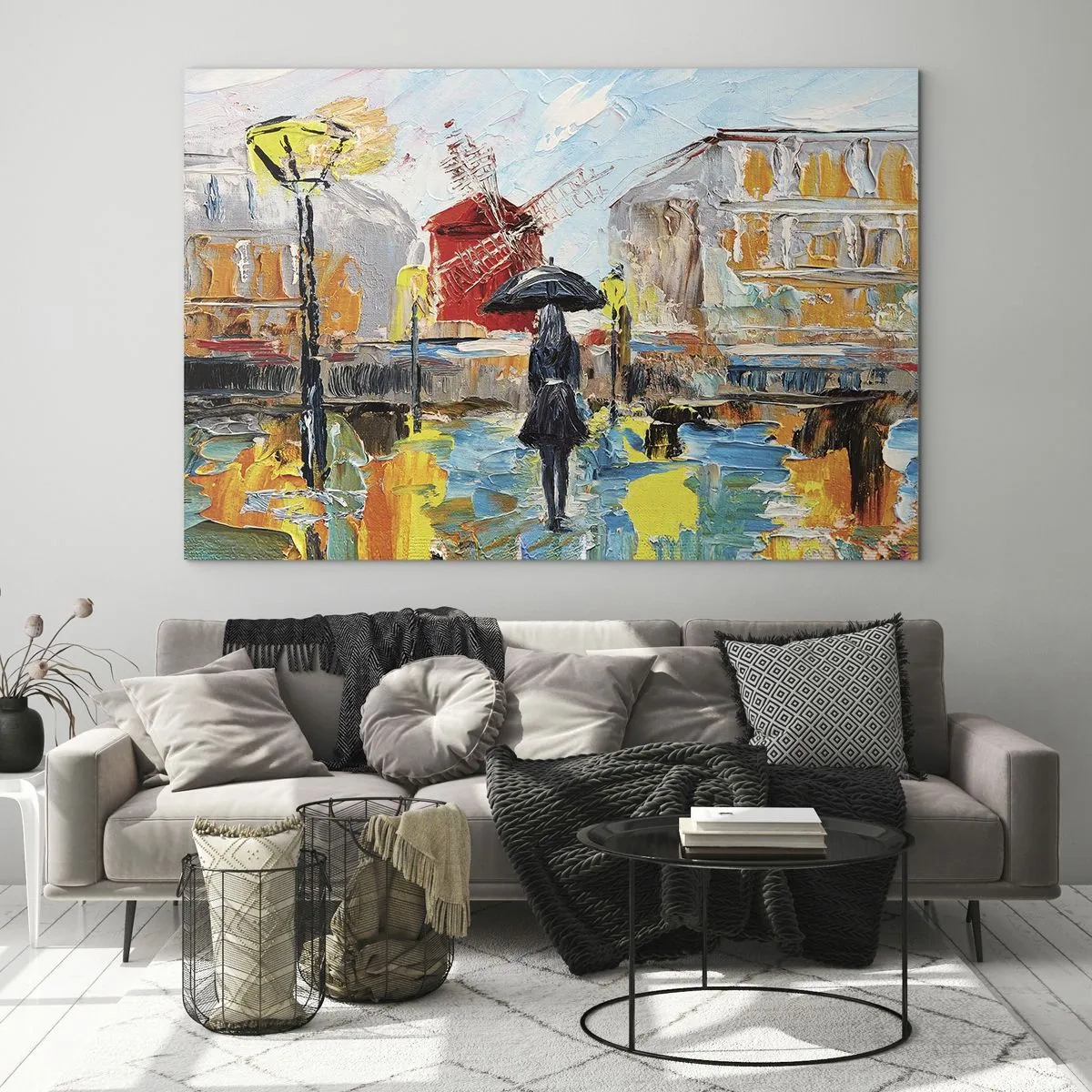 Üveg kép - Egy nő esernyővel a város hátterében, impresszionista stílusban. - 70x50cm - Párizsi legendák - Modern fali dekoráció nappalihoz és hálószobához ARTTOR