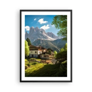 Poszter fehér keretben - Egy hegyi falu fenséges csúcsok lábánál - 50x70cm - Alpesi idill - Modern fali dekoráció nappalihoz és hálószobához ARTTOR