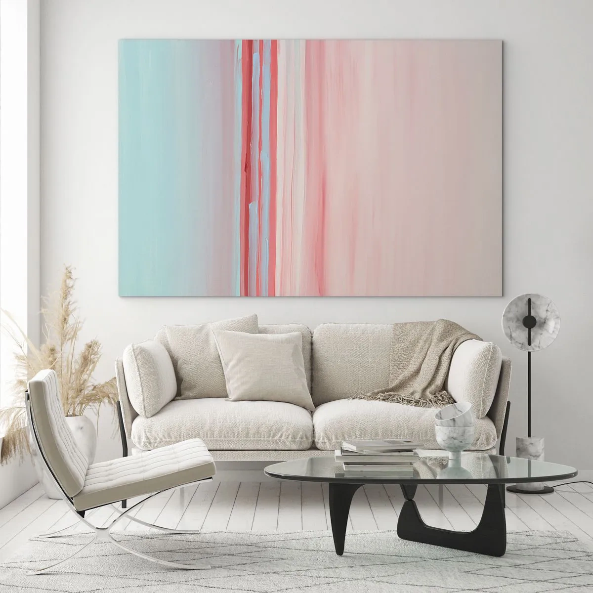 Üveg kép - Függőleges csíkok pasztell rózsaszín és kék árnyalatokban - 70x50cm - Absztrakció hajnalban - Modern fali dekoráció nappalihoz és hálószobához ARTTOR