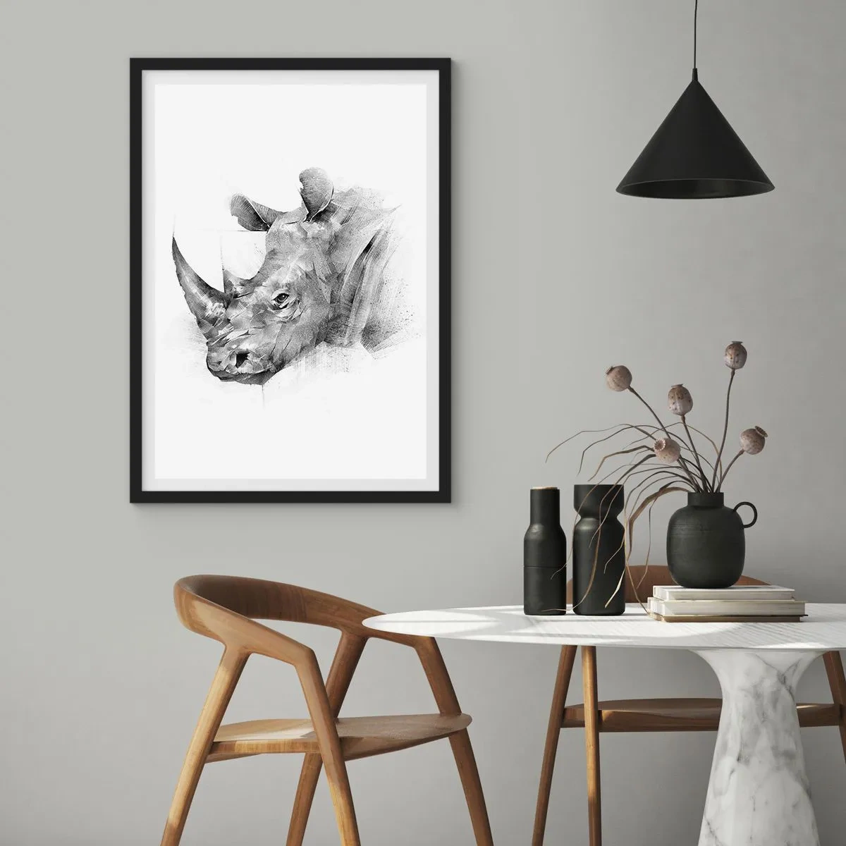 Poszter fehér keretben - Orrszarvú fekete-fehér grafikus rajza - 50x70cm - Afrikai portré - Modern fali dekoráció nappalihoz és hálószobához ARTTOR