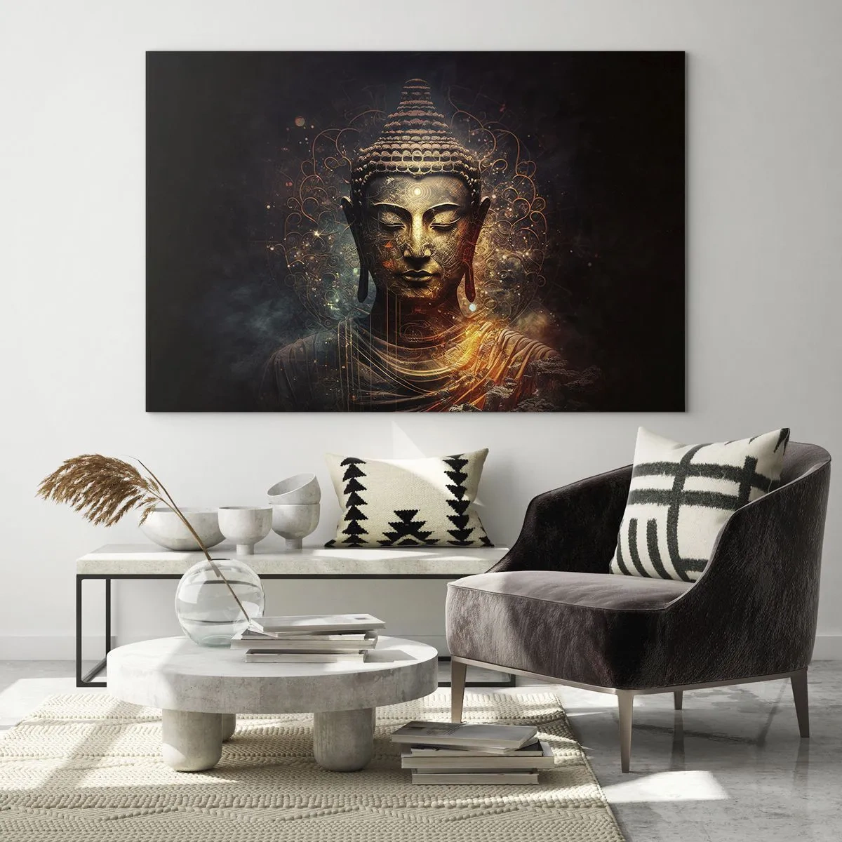 Üveg kép - Egy arany Buddha-alak sötét háttér előtt, díszekkel - 70x50cm - Spirituális egyensúly - Modern fali dekoráció nappalihoz és hálószobához ARTTOR