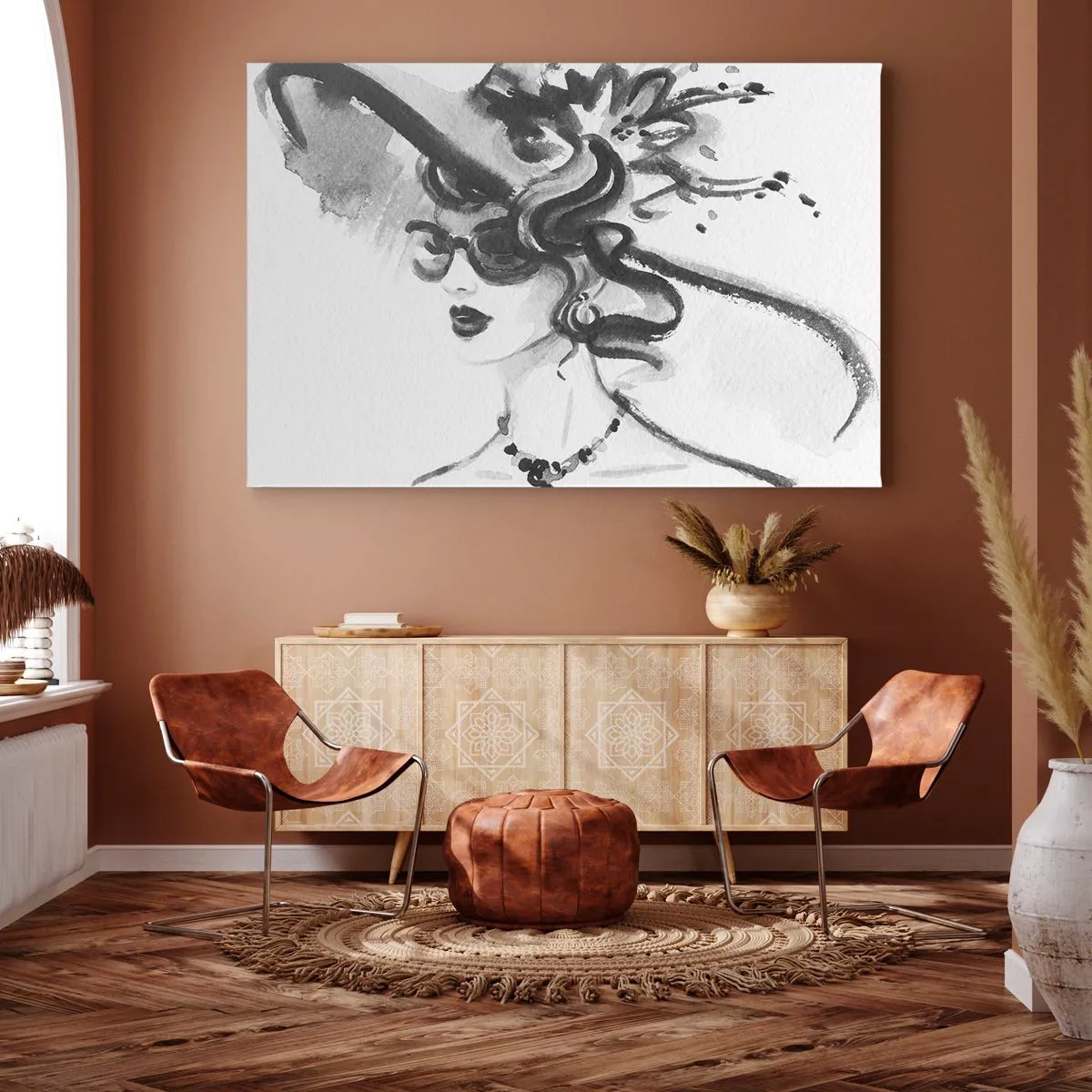 Vászonkép - Elegáns nő kalapban, fekete-fehér stílusban - 70x50cm - Karakteres hölgy - Modern fali dekoráció nappalihoz és hálószobához ARTTOR