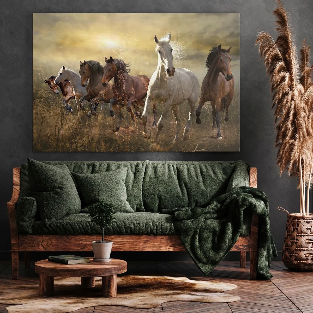 Vászonkép - Egy csapat vágtató ló a lenyugvó nap hátterében - 70x50cm - Éljen a szabadság! - Modern fali dekoráció nappalihoz és hálószobához ARTTOR