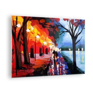 Üveg kép - Egy pár sétál egy színes parkban este - 70x50cm - Lángoló ősz a parkban - Modern fali dekoráció nappalihoz és hálószobához ARTTOR