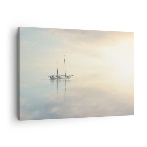 Vászonkép - Egy hajó a nyugodt tengeren, lágy fényben - 70x50cm - A csend tengerében - Modern fali dekoráció nappalihoz és hálószobához ARTTOR