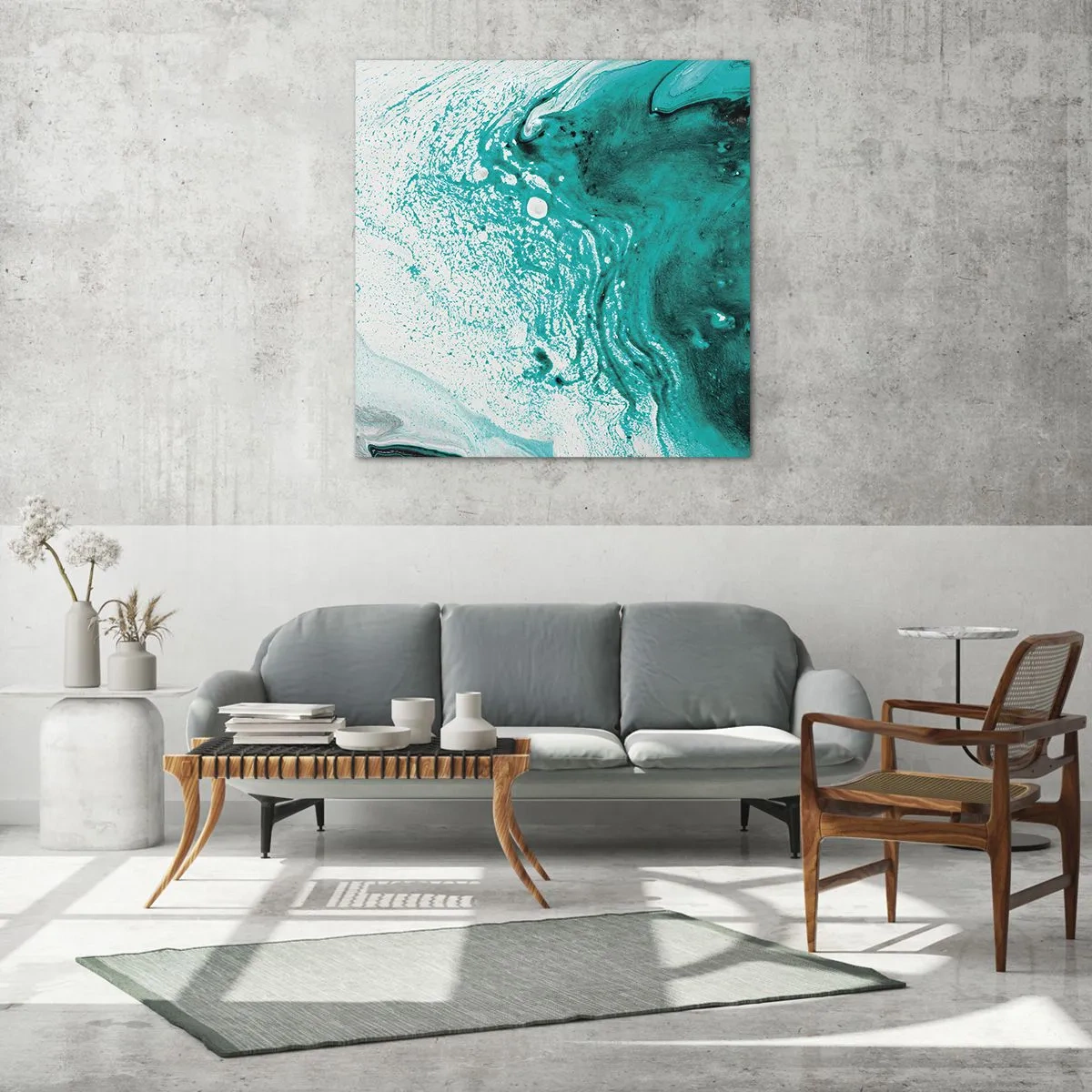 Üveg kép - Elolvadni fehérben és türkizben  - 40x40 cm