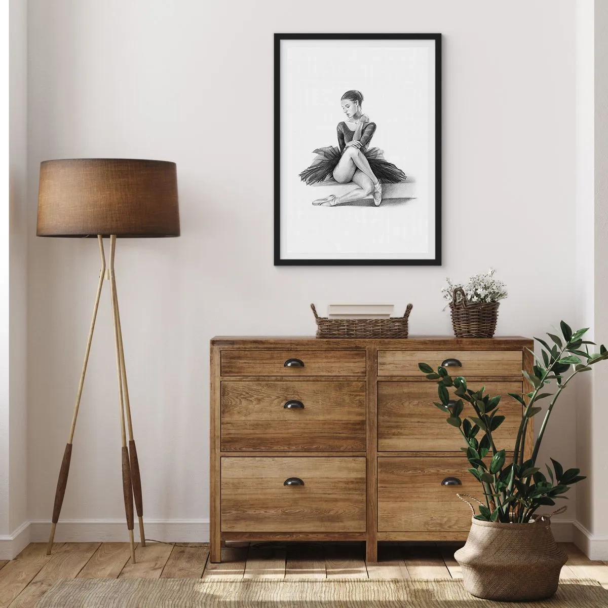 Poszter fehér keretben - Vázlat egy balerináról, aki nyugalmi állapotban ül - 50x70cm - A tánccal elvarázsolva - Modern fali dekoráció nappalihoz és hálószobához ARTTOR