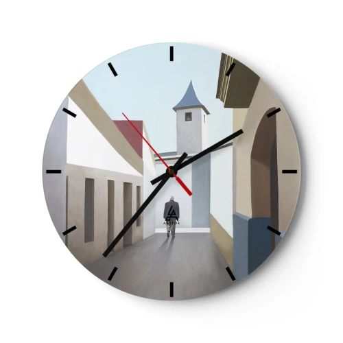 Falióra, Óra - Egy alak egy városi utca hátterében, világos, geometrikus környezetben - 30x30cm - Napfényes séta - Modern fali dekoráció nappalihoz, konyhához és hálószobához ARTTOR