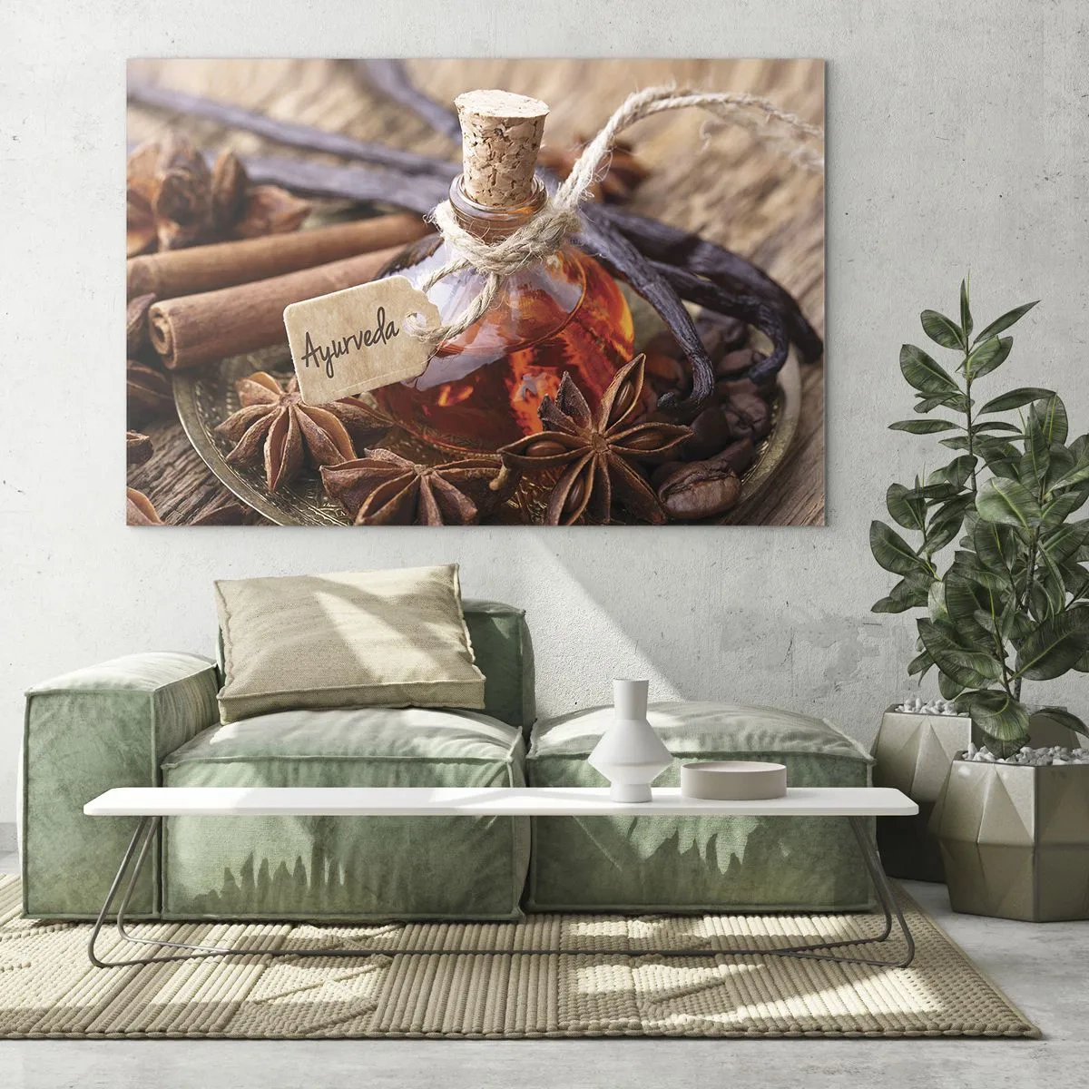 Üveg kép - Ayurvédikus stílusú olaj- és fűszeres üveg - 70x50cm - A test és a lélek egysége felé - Modern fali dekoráció nappalihoz és hálószobához ARTTOR