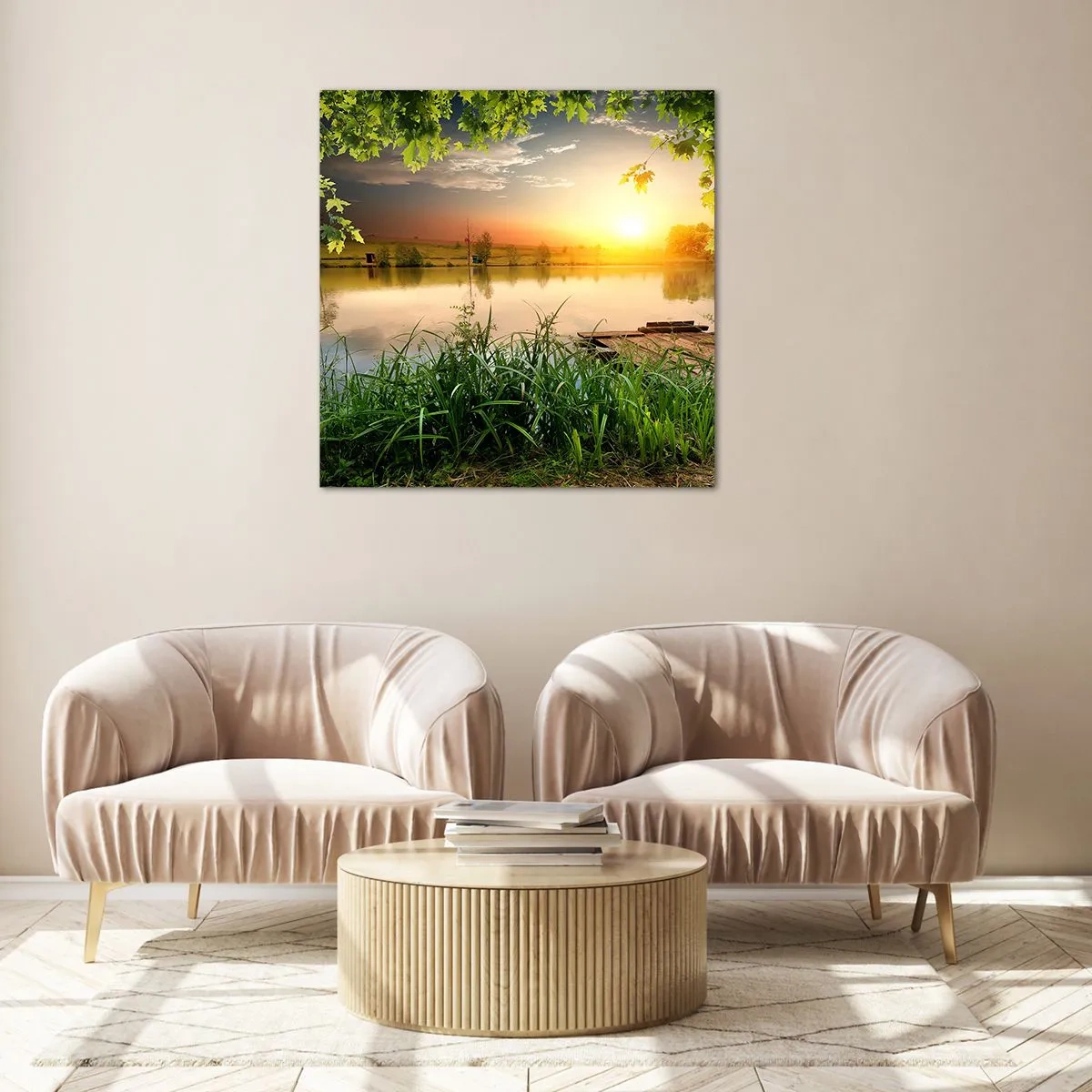 Üveg kép - Táj zöld keretben - 70x70 cm