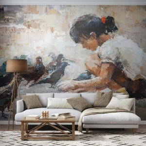 Fotótapéta Standard Eco - Egy kép egy lányról, aki madarakat etet - 100x70cm - A kicsik és a legkedvesebbek - Modern fali dekoráció nappalihoz és hálószobához ARTTOR