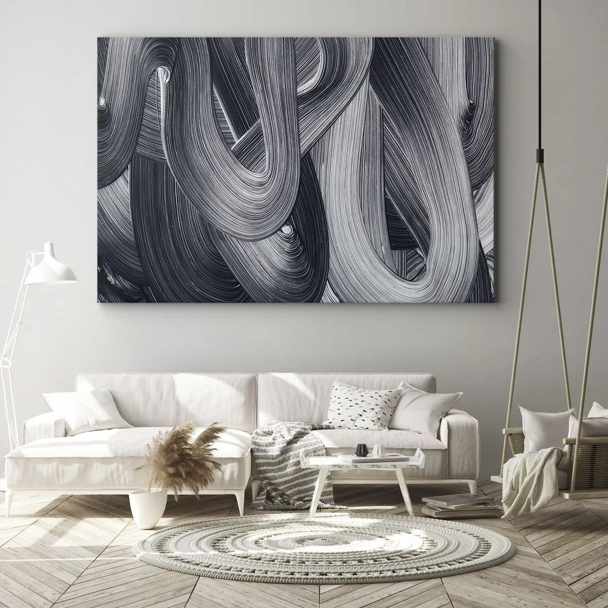 Vászonkép - Fekete-fehér absztrakció dinamikus ecsetvonásokkal. - 70x50cm - A valóság folyékonysága - Modern fali dekoráció nappalihoz és hálószobához ARTTOR