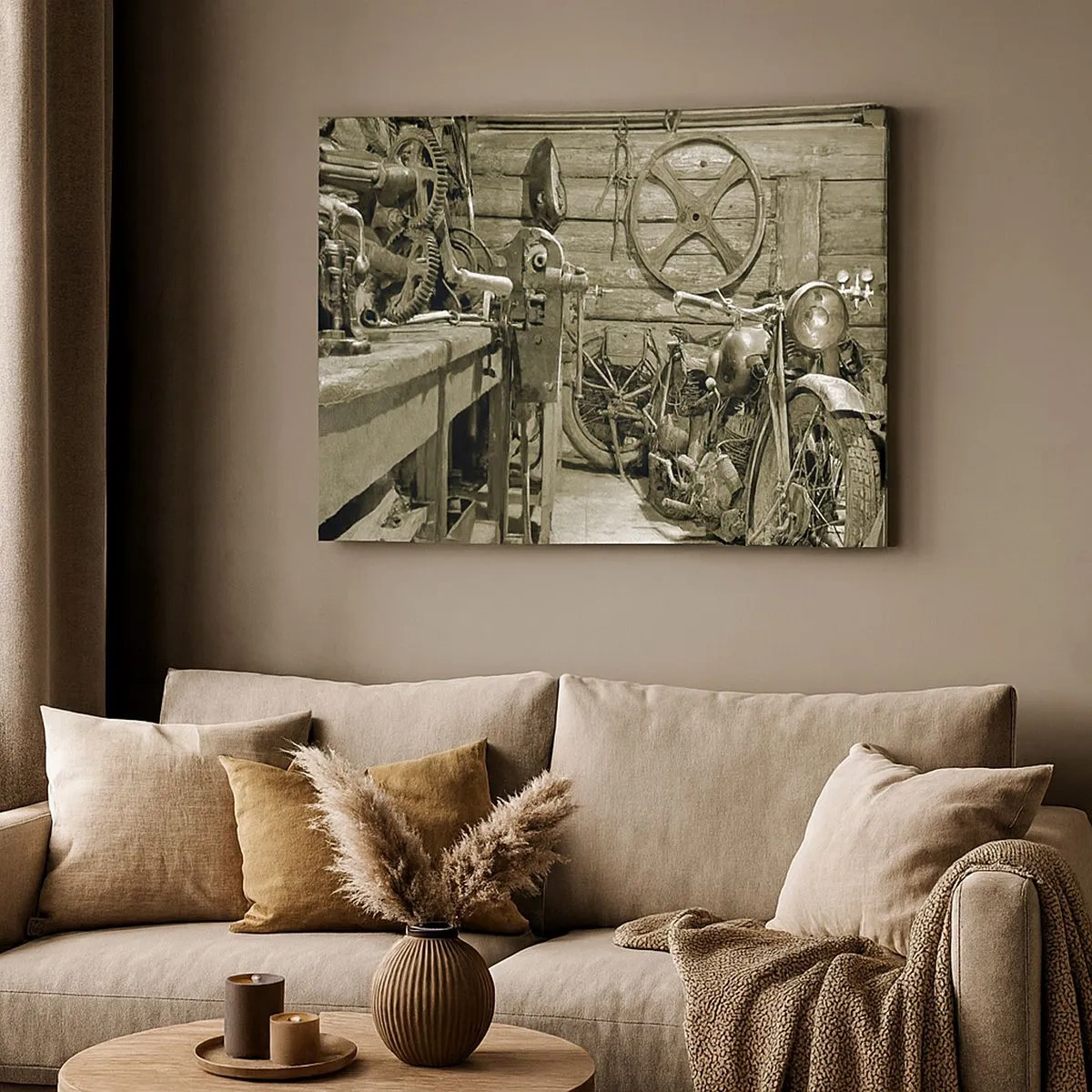 Vászonkép - Retro műhely motorkerékpárokkal és szerszámokkal - 70x50cm - Władek bácsi fészerében - Modern fali dekoráció nappalihoz és hálószobához ARTTOR