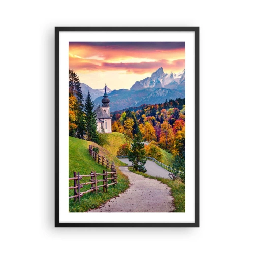 Poszter fehér keretben - Hegyi kápolna őszi fák között naplementekor - 50x70cm - Tájképszerű festmény - Modern fali dekoráció nappalihoz és hálószobához ARTTOR