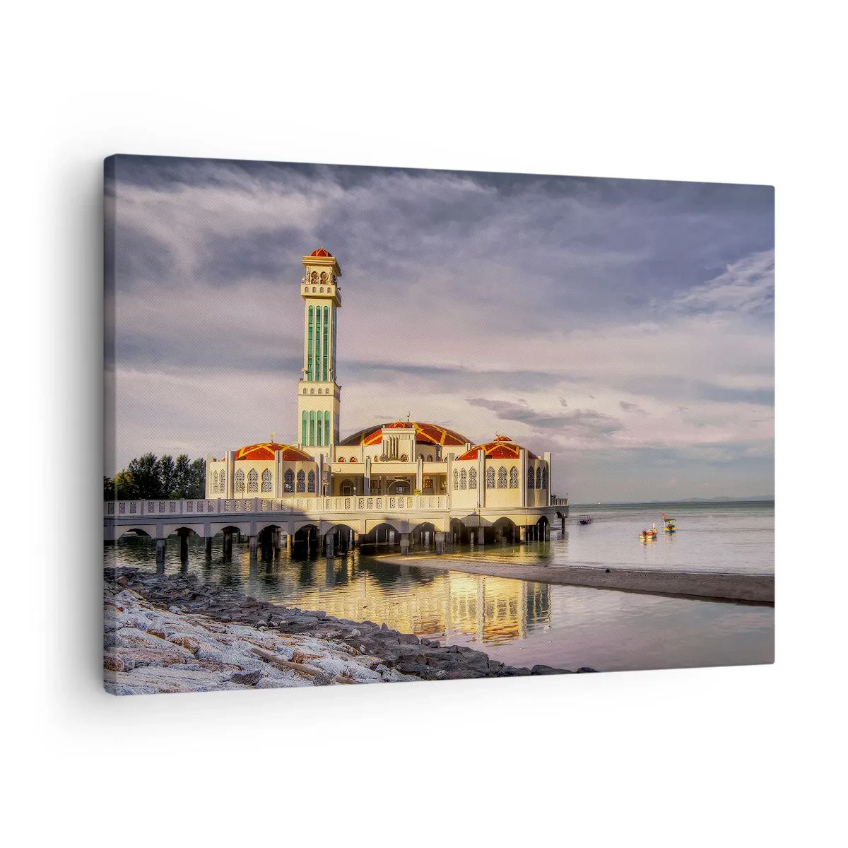 Vászonkép - Egy lenyűgöző épület minarettel a vízen, békés tájjal körülvéve - 70x50cm - A természet temploma - Modern fali dekoráció nappalihoz és hálószobához ARTTOR