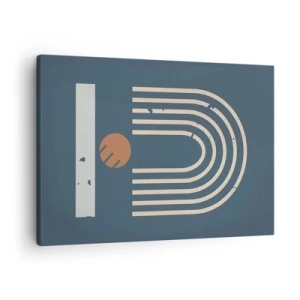 Vászonkép - Geometrikus minta sötétkék, bézs és narancssárga árnyalatokban sötét háttéren - 70x50cm - Geometria sötétkék háttéren - Modern fali dekoráció nappalihoz és hálószobához ARTTOR