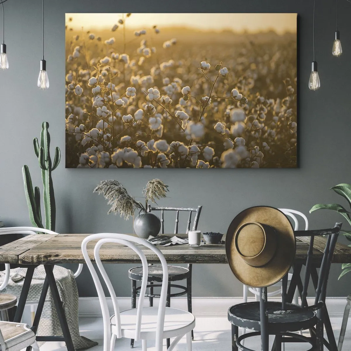 Vászonkép - Egy gyapotföld a lenyugvó nap meleg fényében - 70x50cm - Puha mező - Modern fali dekoráció nappalihoz és hálószobához ARTTOR