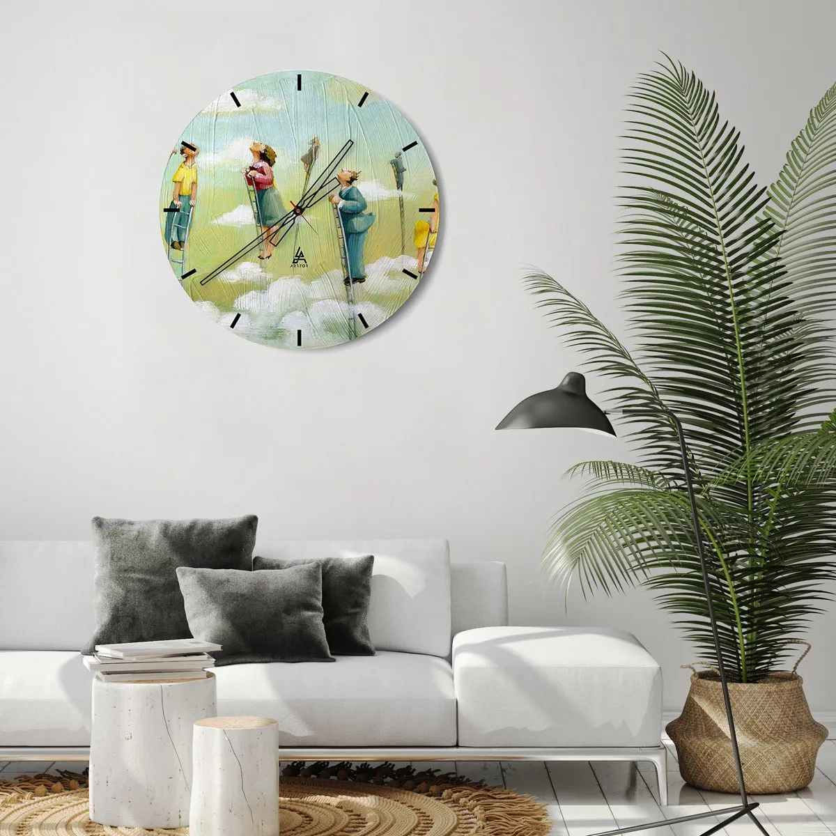 Falióra, Óra - Emberek másznak létrán a felhőkben színes háttér előtt - 30x30cm - Az álmod mögött - Modern fali dekoráció nappalihoz, konyhához és hálószobához ARTTOR