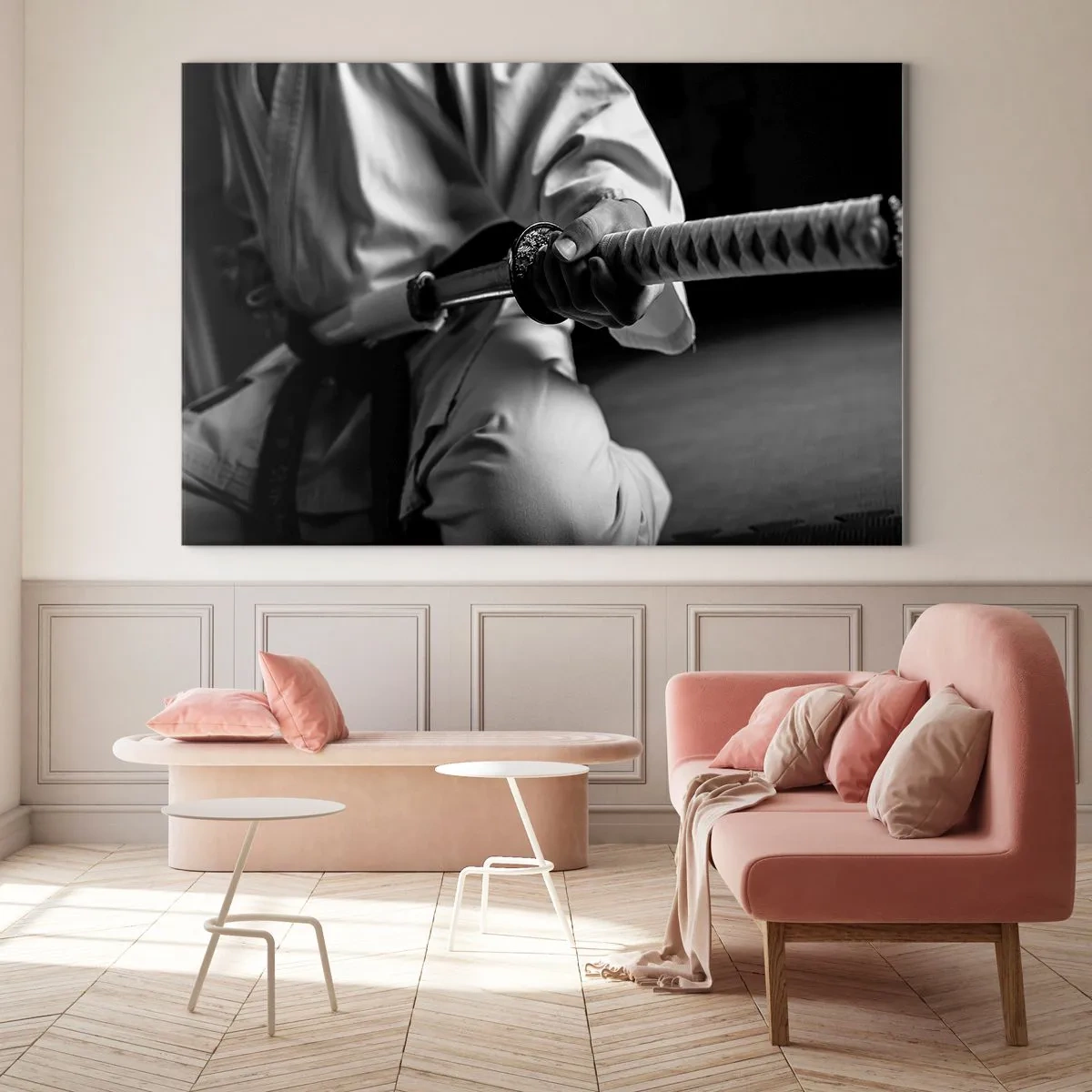 Üveg kép - Egy kimonós alak kardot tart a kezében, fekete-fehér kompozíció - 70x50cm - Harcos lelke - Modern fali dekoráció nappalihoz és hálószobához ARTTOR