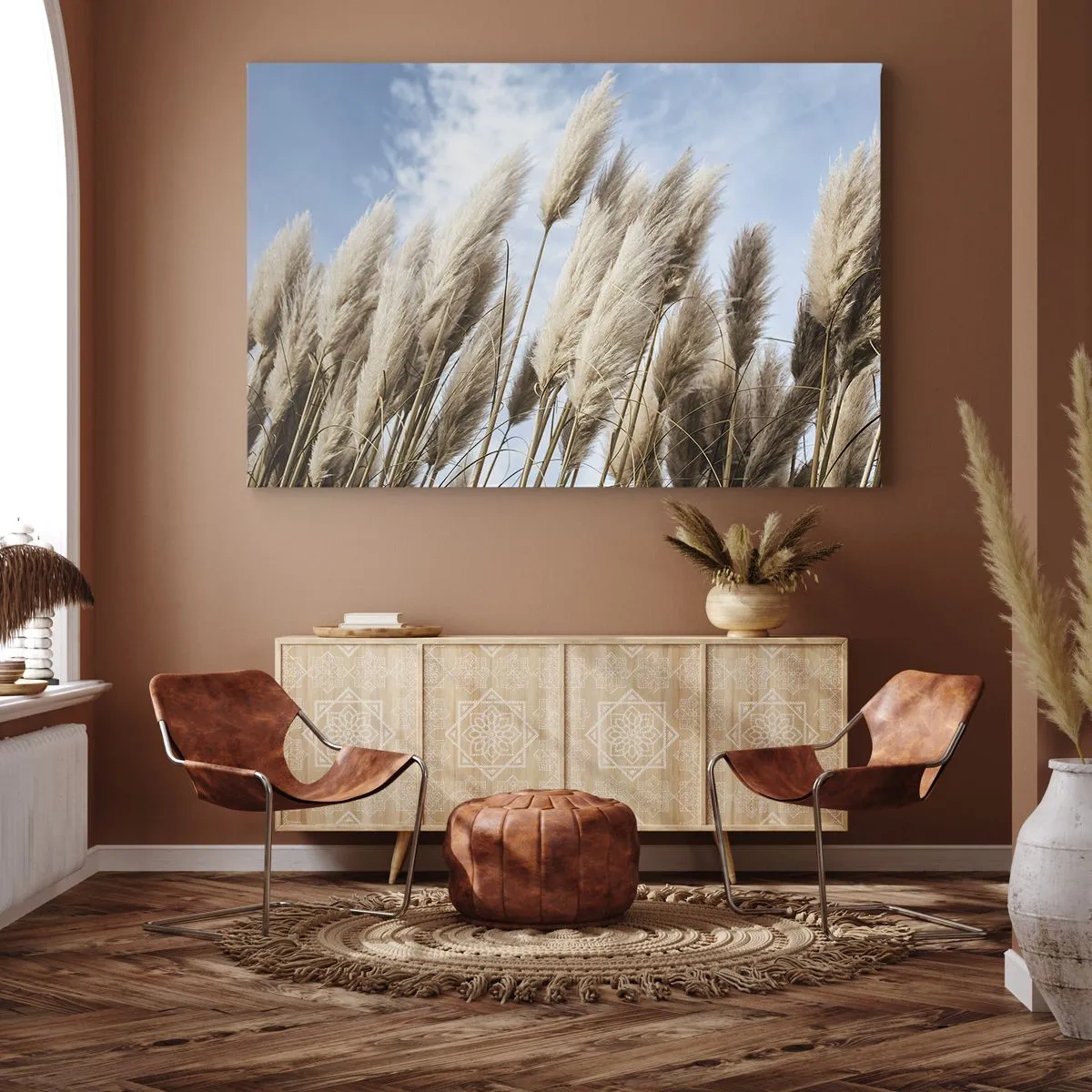 Vászonkép - Finom pampafüvek kék égen, könnyű felhőkkel - 70x50cm - Napos és szeles simogatás - Modern fali dekoráció nappalihoz és hálószobához ARTTOR