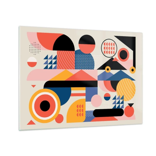 Üveg kép - Színes geometriai absztrakció körökkel és háromszögekkel - 70x50cm - Összetétel: játszadozzunk - Modern fali dekoráció nappalihoz és hálószobához ARTTOR
