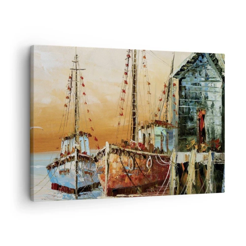 Vászonkép - Hajók a parton a naplemente meleg fényében - 70x50cm - Nyugodt visszatérés - Modern fali dekoráció nappalihoz és hálószobához ARTTOR