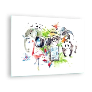 Üveg kép - Illusztráció egy fotósról kamerával és állatokkal - 70x50cm - Az utazó lencséjében - Modern fali dekoráció nappalihoz és hálószobához ARTTOR