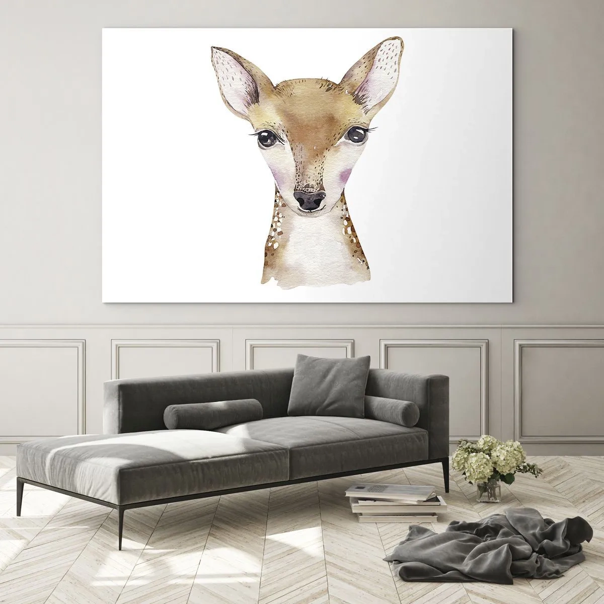 Üveg kép - Egy fiatal őzgida bájos akvarellportréja - 70x50cm - Az ártatlanság természete - Modern fali dekoráció nappalihoz és hálószobához ARTTOR