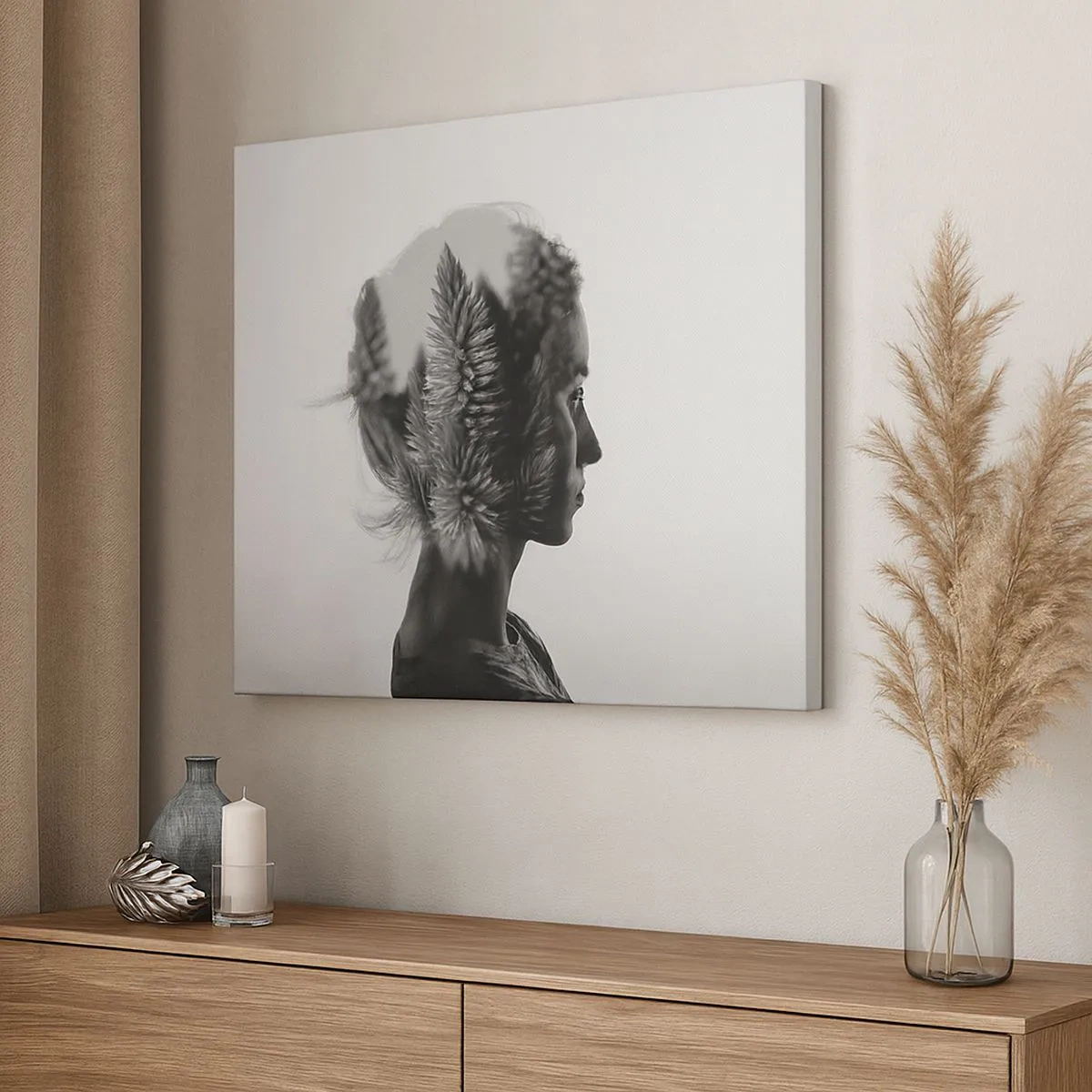 Vászonkép - Finom portré természeti elemekkel - 70x50cm - A fenyőerdő hölgye - Modern fali dekoráció nappalihoz és hálószobához ARTTOR