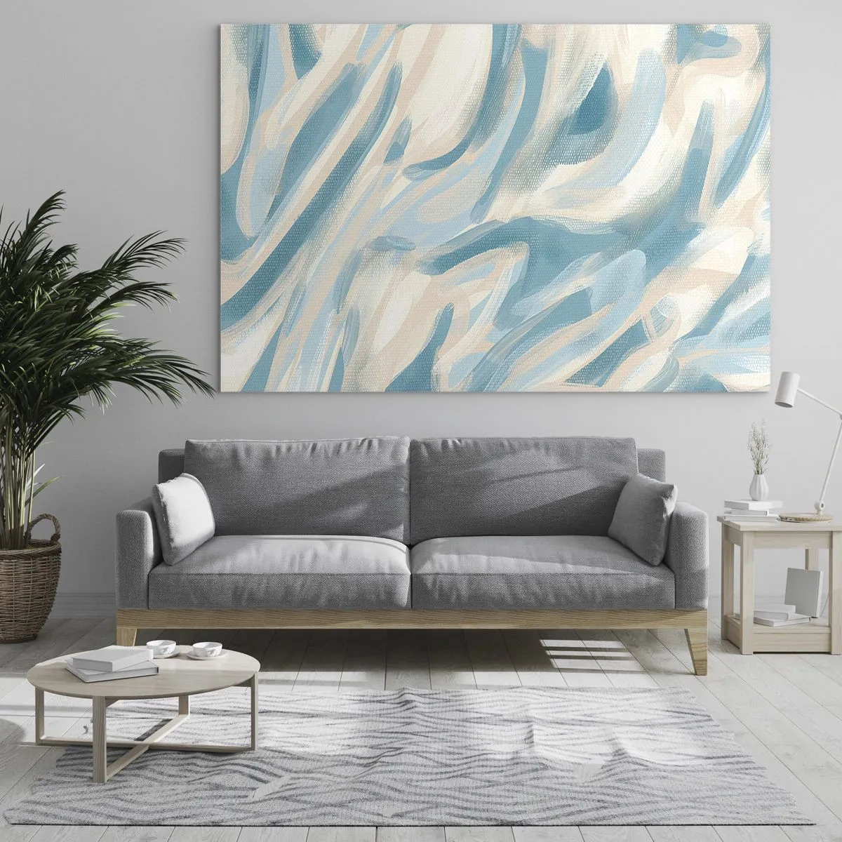 Üveg kép - Absztrakt ecsetvonások kék és krém színekben. - 70x50cm - Tavaszi szellők - Modern fali dekoráció nappalihoz és hálószobához ARTTOR