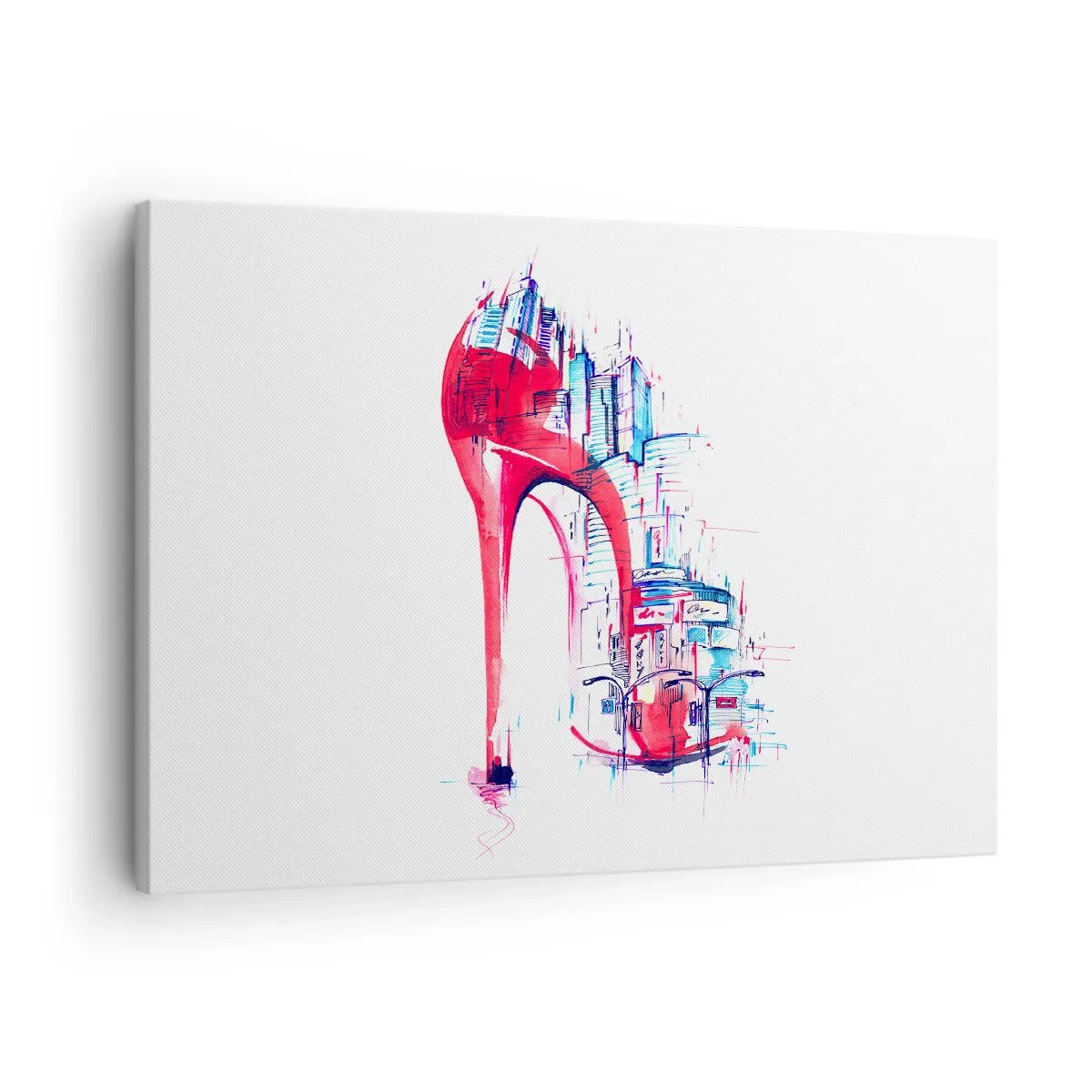 Vászonkép - Absztrakt piros tűsarkú városi részletekkel - 70x50cm - Nagyvárosi elegancia - Modern fali dekoráció nappalihoz és hálószobához ARTTOR