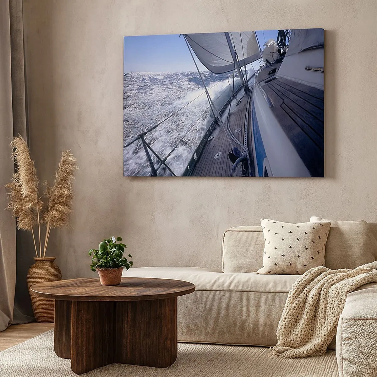 Vászonkép - Egy vitorláshajó viharos tengeren, fehér vitorlákkal és fa fedélzettel. - 70x50cm - Tudom, mit jelent madárnak lenni - Modern fali dekoráció nappalihoz és hálószobához ARTTOR