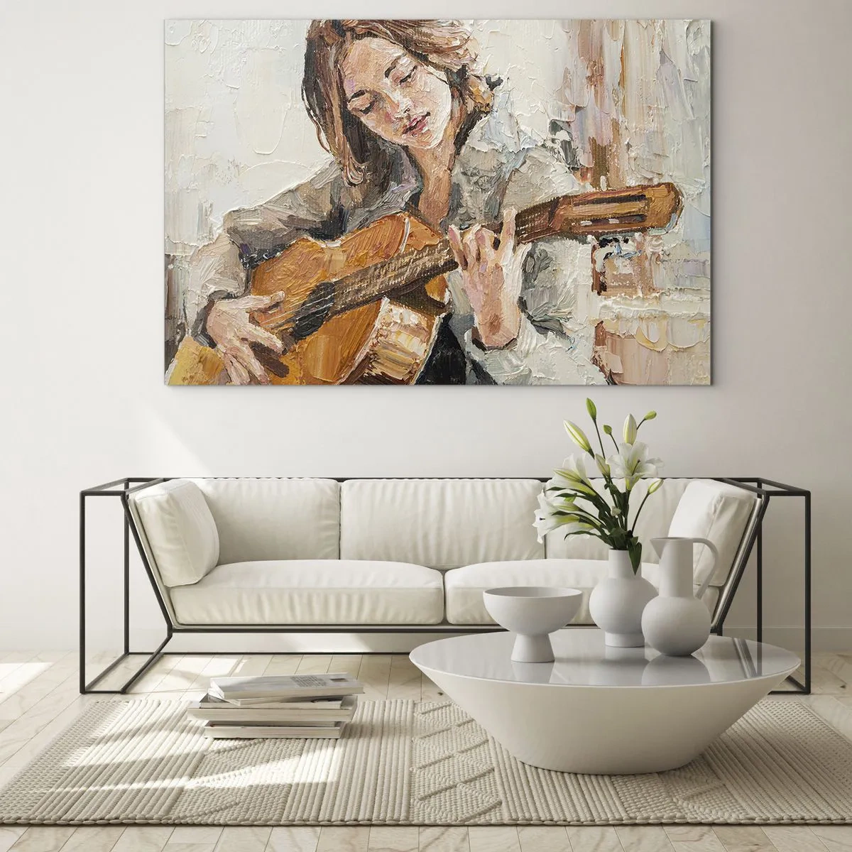 Üveg kép - Egy lány impresszionista stílusban gitározik - 70x50cm - Koncert gitárra és egy lány szívére - Modern fali dekoráció nappalihoz és hálószobához ARTTOR