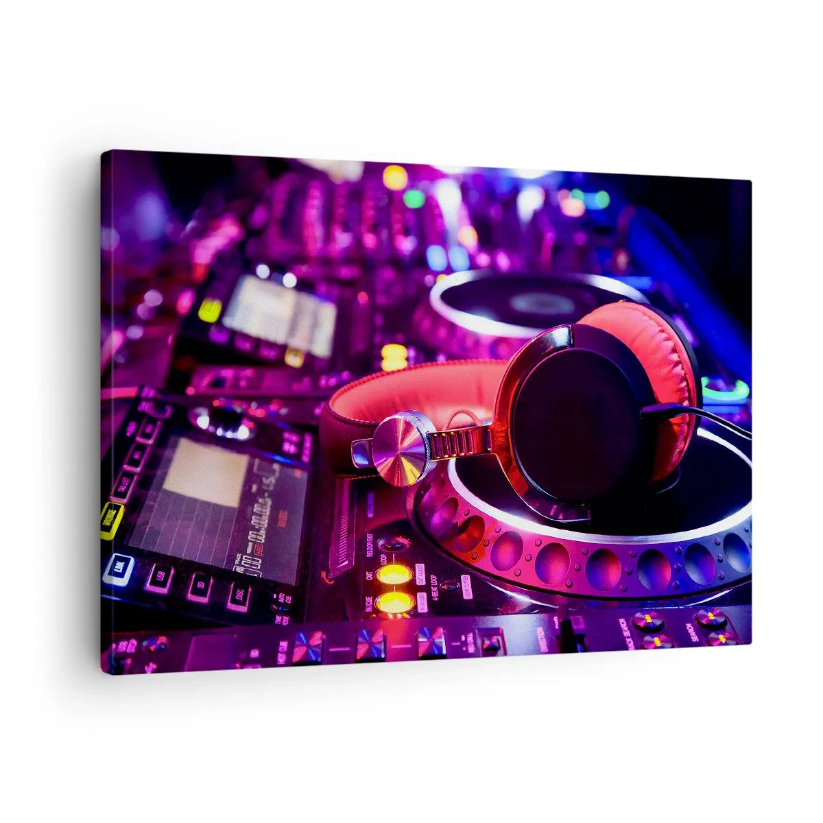Vászonkép - DJ fejhallgató neonfényes konzolon - 70x50cm - Mielőtt a móka elkezdődik - Modern fali dekoráció nappalihoz és hálószobához ARTTOR
