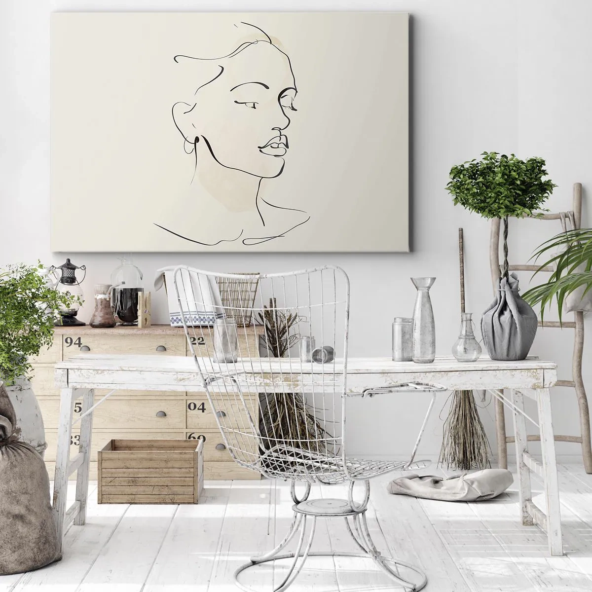 Vászonkép - Egy női arc finom vázlata világos háttér előtt - 70x50cm - Bizonyos vonallal - Modern fali dekoráció nappalihoz és hálószobához ARTTOR