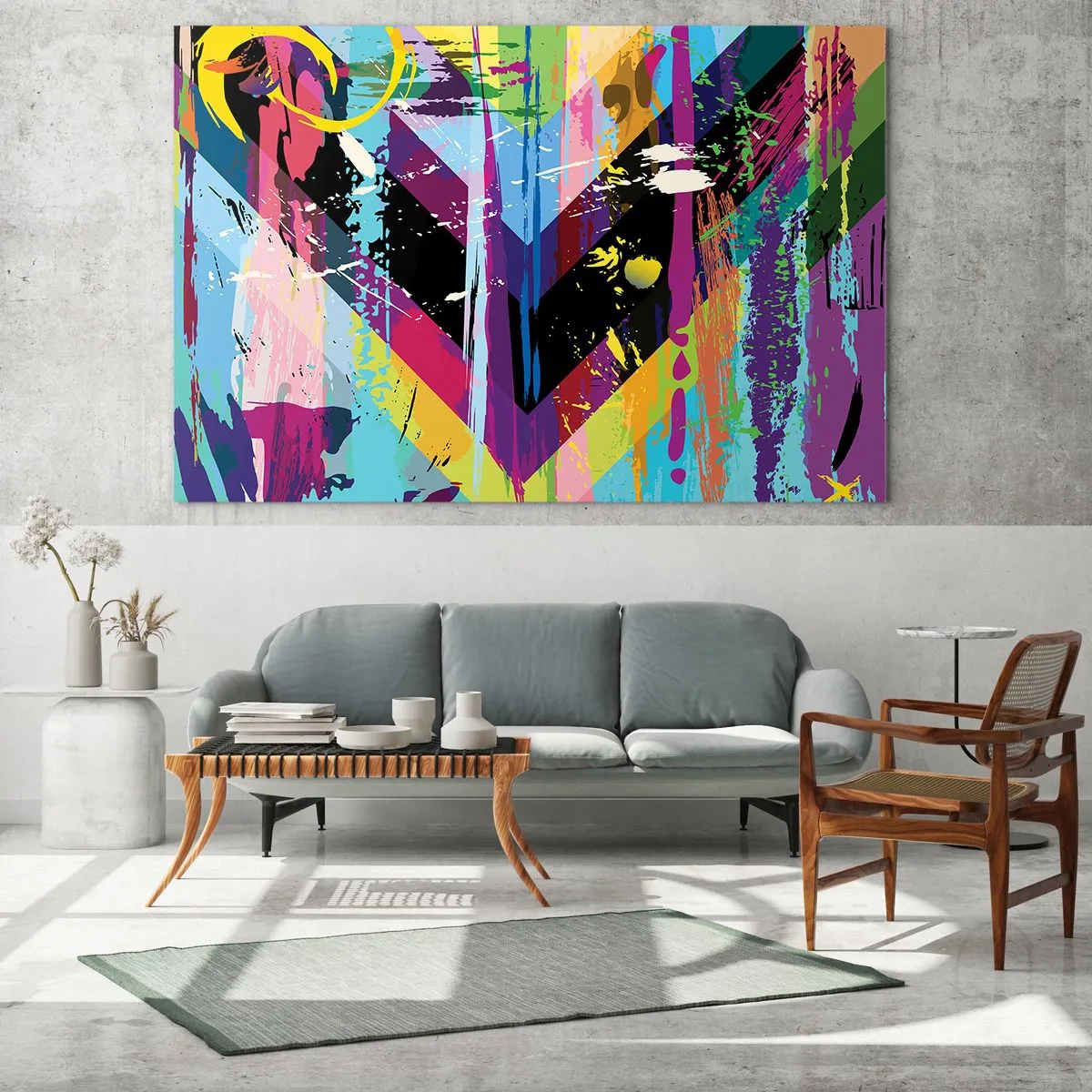 Üveg kép - Színes absztrakció dinamikus formákkal és intenzív színekkel - 70x50cm - Fentről lefelé - Modern fali dekoráció nappalihoz és hálószobához ARTTOR