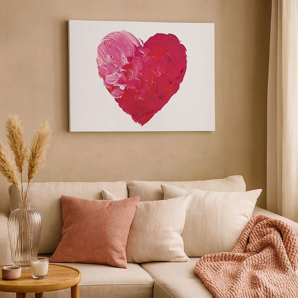 Vászonkép - Egy ecsettel festett rózsaszín és piros szív - 70x50cm - All you need is love - Modern fali dekoráció nappalihoz és hálószobához ARTTOR