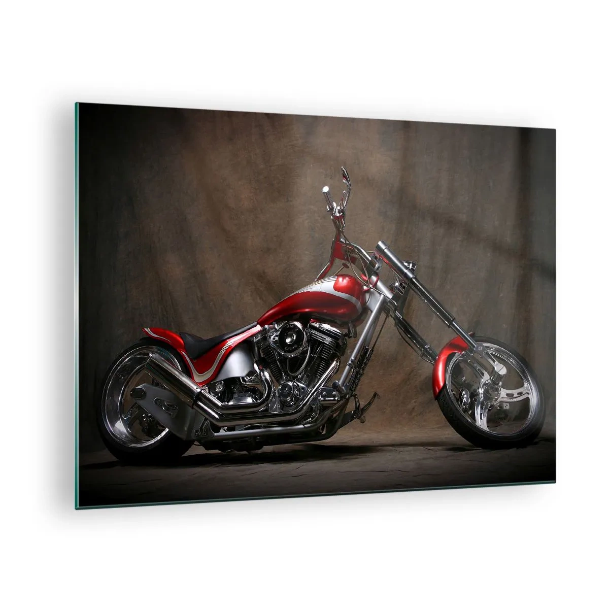 Üveg kép - Piros egyedi motorkerékpár sötét háttér előtt - 70x50cm - Vörös és ezüst szépség - Modern fali dekoráció nappalihoz és hálószobához ARTTOR