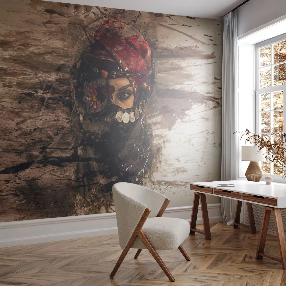 Fotótapéta Premium Sand - Legalább riasztó - Absztrakció, Női Arc, Keleti szimbólumok - 200x140 cm