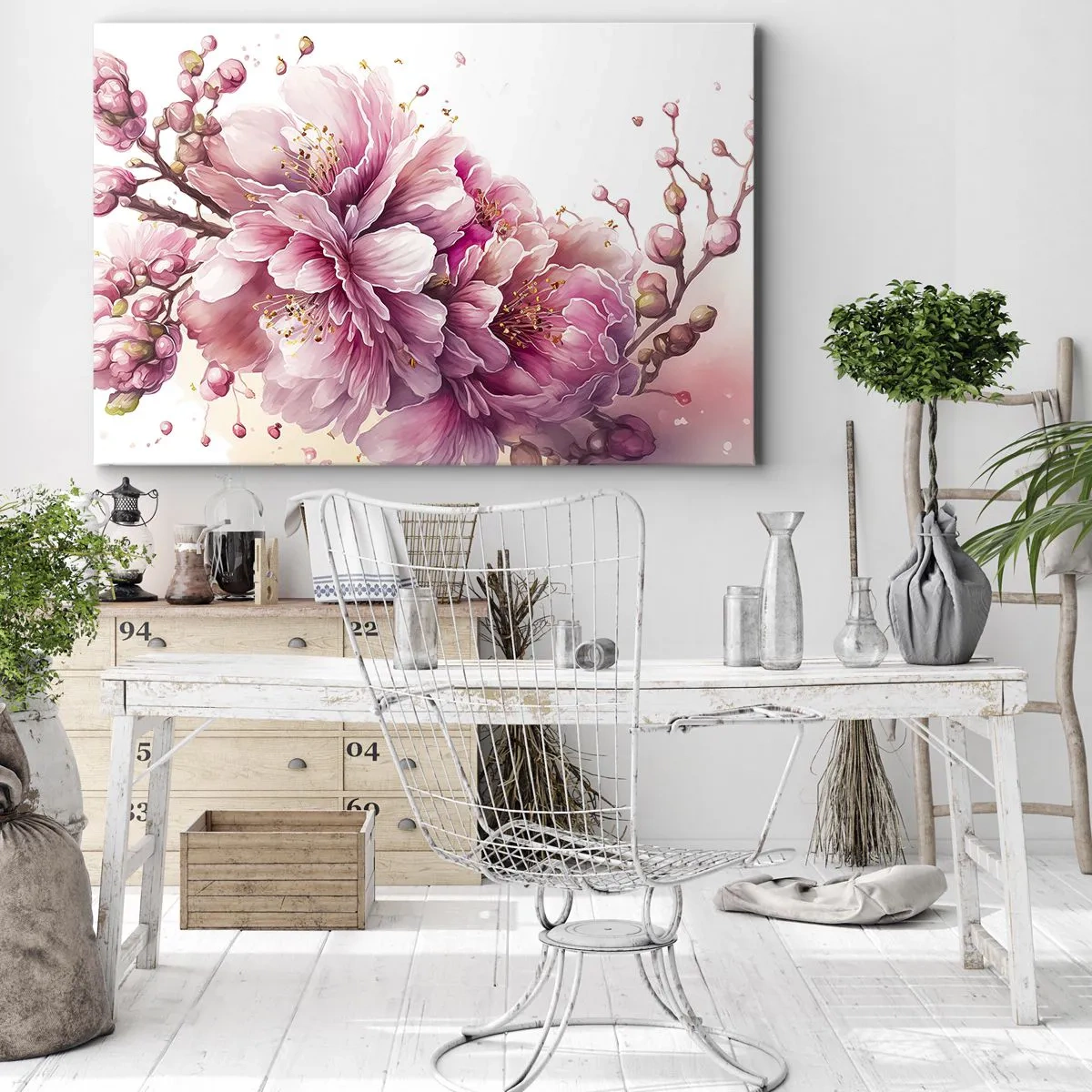 Vászonkép - Finom cseresznyevirágzás teljes virágzásban, világos háttér előtt - 70x50cm - Cseresznyevirág - Modern fali dekoráció nappalihoz és hálószobához ARTTOR