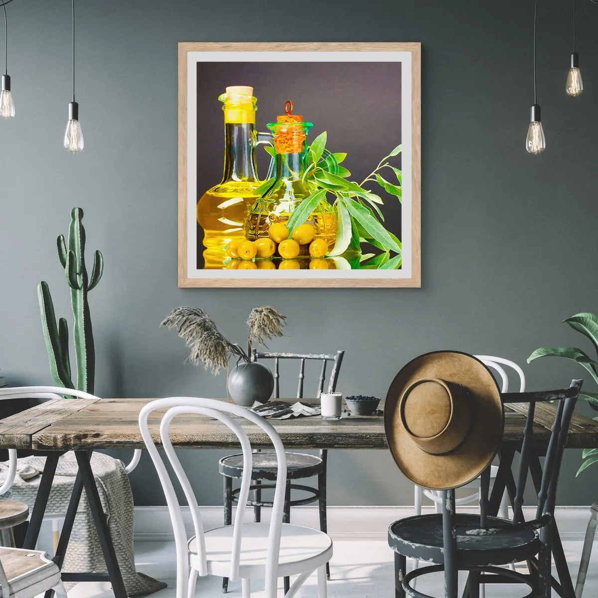 Poszter világos tölgy keretben - Csendélet olívabogyóval és olívaolajjal - 50x50 cm