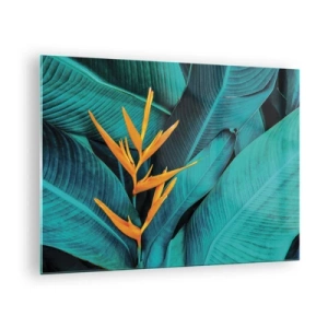 Üveg kép - Egy egzotikus virág nagy zöld levelek hátterében. - 70x50cm - Éden virága - Modern fali dekoráció nappalihoz és hálószobához ARTTOR