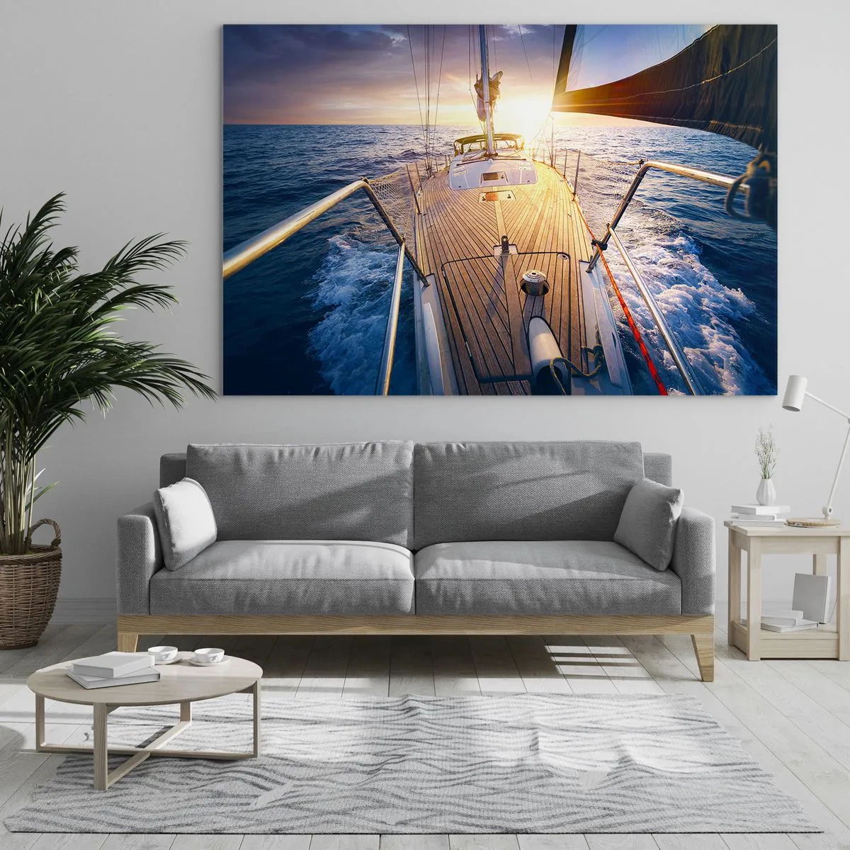 Üveg kép - Egy vitorlás fedélzete a lenyugvó nap és a tenger hullámainak hátterében - 70x50cm - Futás a hullámokon - Modern fali dekoráció nappalihoz és hálószobához ARTTOR