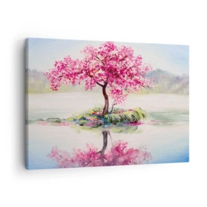Vászonkép - Egy virágzó fa a csendes vízen - 70x50cm - A tavasz ünnepe - Modern fali dekoráció nappalihoz és hálószobához ARTTOR