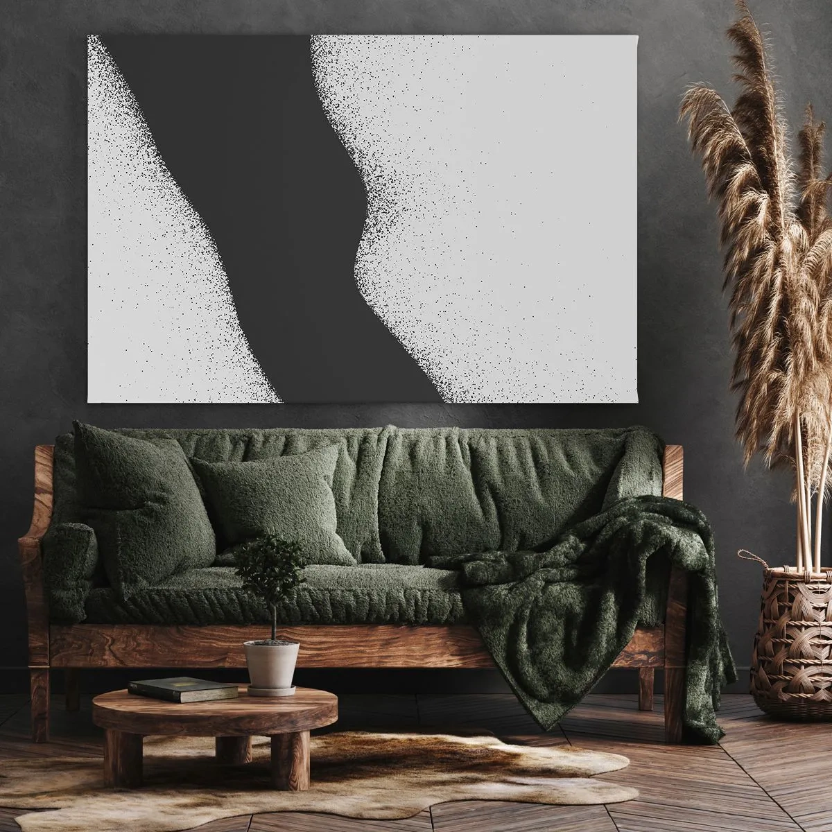 Vászonkép - Absztrakt fekete-fehér minta finom pöttyökkel a vászonon - 70x50cm - Folyékony egyensúly - Modern fali dekoráció nappalihoz és hálószobához ARTTOR